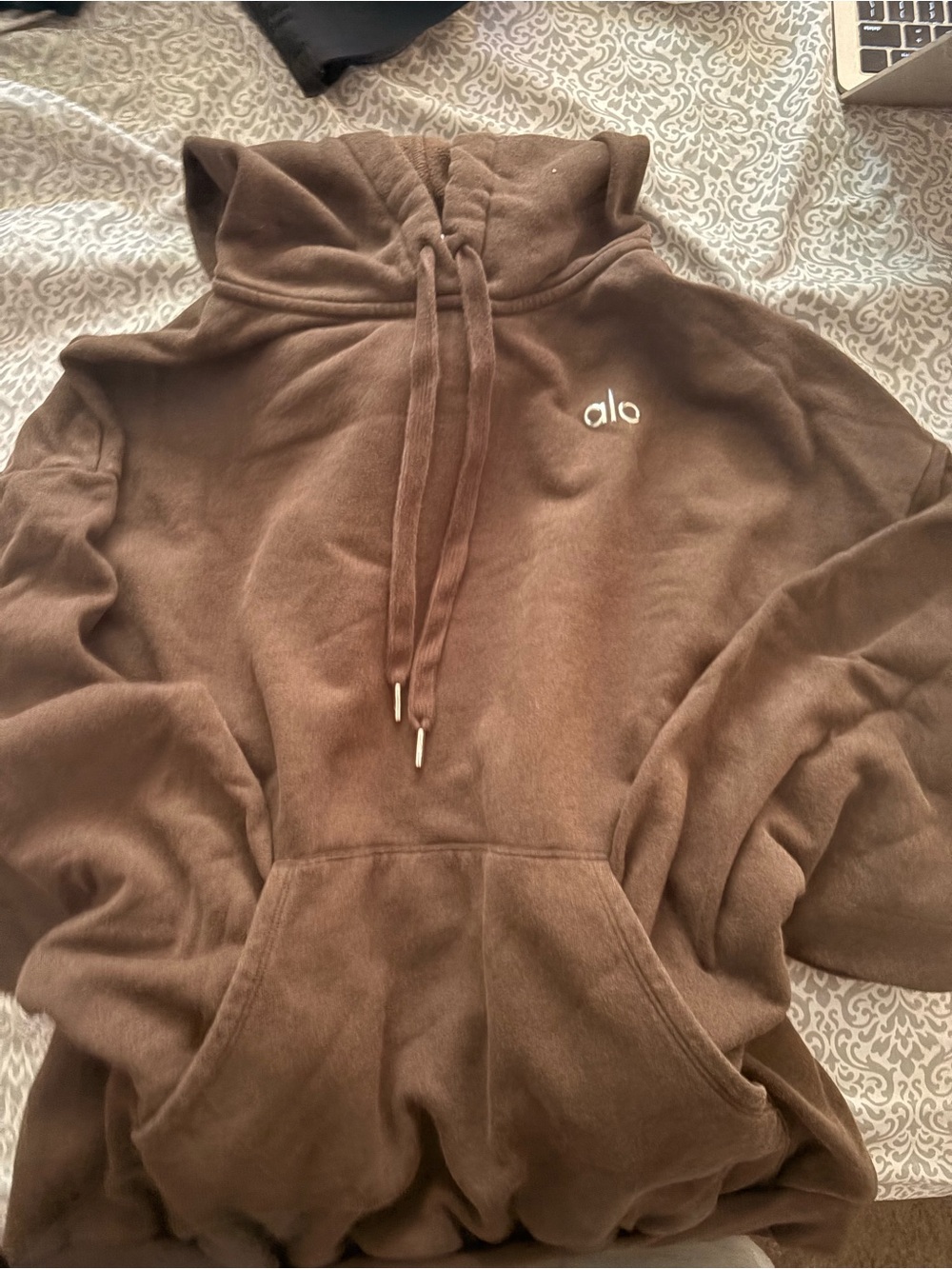 ALO Yoga brown hoodie with silver logo hardware